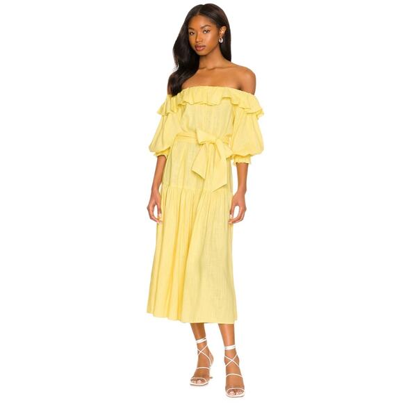 ELLIATT Beatrice Off Shoulder Ruffled tiered Midi Dress in Lemon - Picture 1 of 12